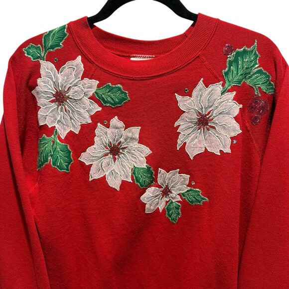 Vintage Hanes Large Holiday Poinsettia Design Christmas Grandma Sweatshirt - Picture 3 of 11